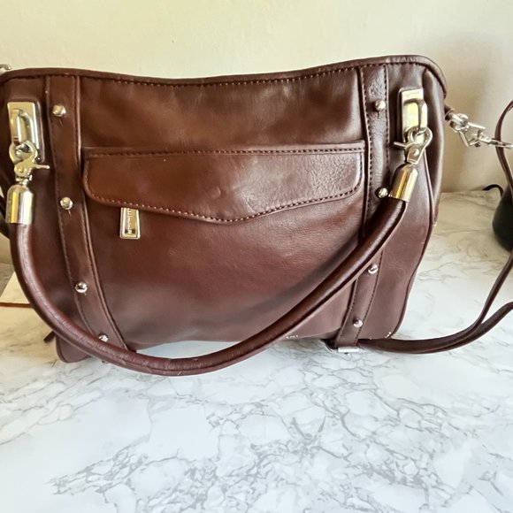 NWOT Rebecca Minkoff Studded Leather Satchel Brown Burgundy - Picture 2 of 6